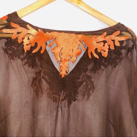 Anne Carson 100% Silk Brown Embroidered Swim Coverup Tunic Top Size 1X - Picture 7 of 8